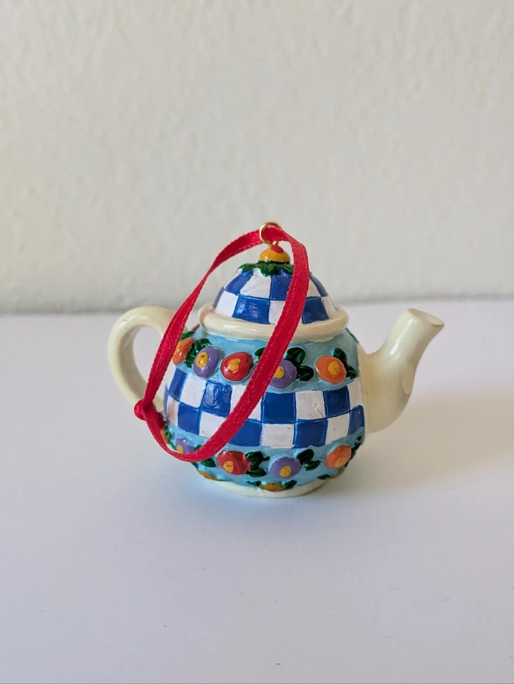 Mary Engelbreit ME Tea PotOrnament Collection Blue White Checkered with Floral
